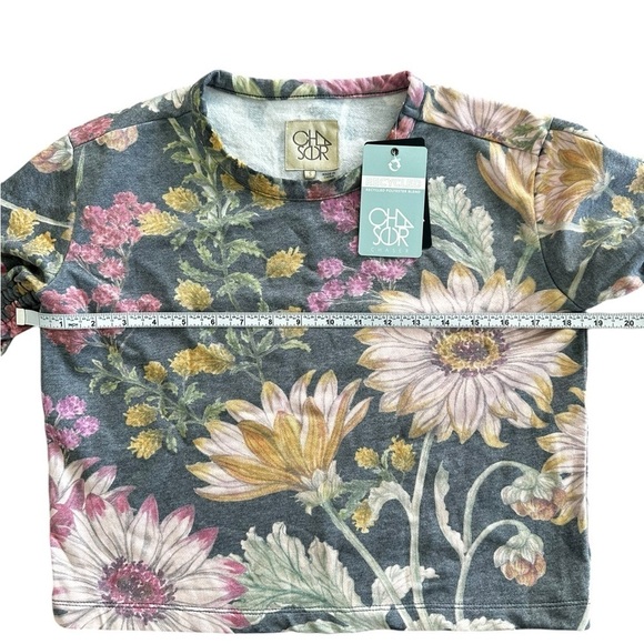 NEW CHASER Drawstring Shirred Long Sleeve Cropped Pullover Floral Top Size Small - Picture 10 of 12